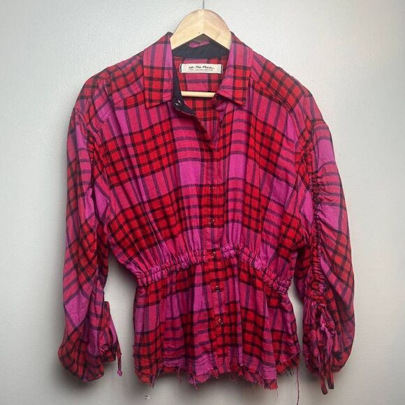 Free People Pacific Dawn Plaid Shirt Hot Pink Red Plaid Snap Button Down Sz. XS - Picture 4 of 8